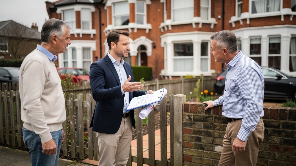 Party wall surveyor discussing boundary agreement with neighbouring homeowners outside their Victorian houses