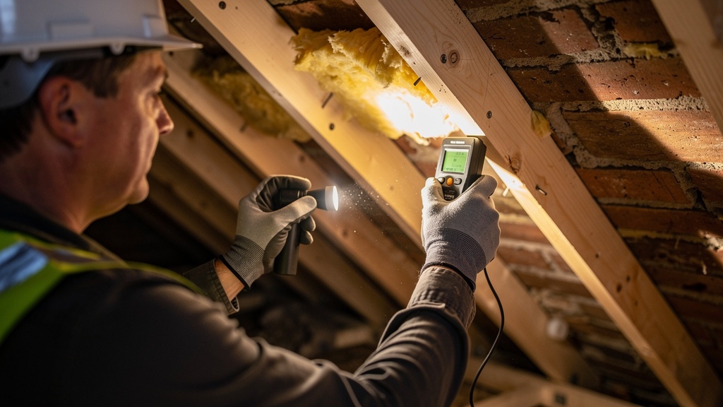Building surveyor inspecting structural timbers in a loft during a Level 3 building survey